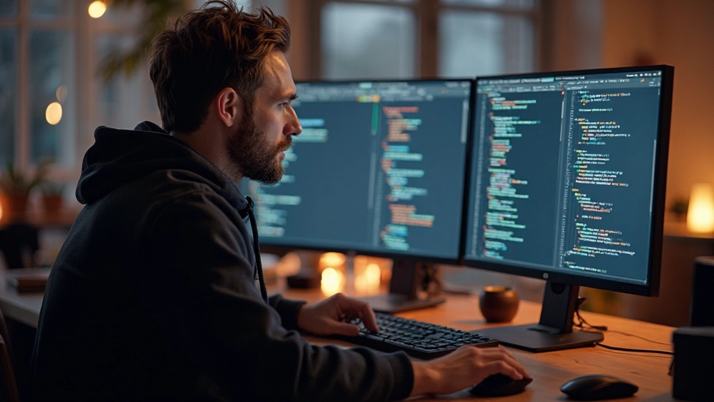 Development workspace toont CSS code met Flexbox en Grid properties, syntax highlighting op duale monitors