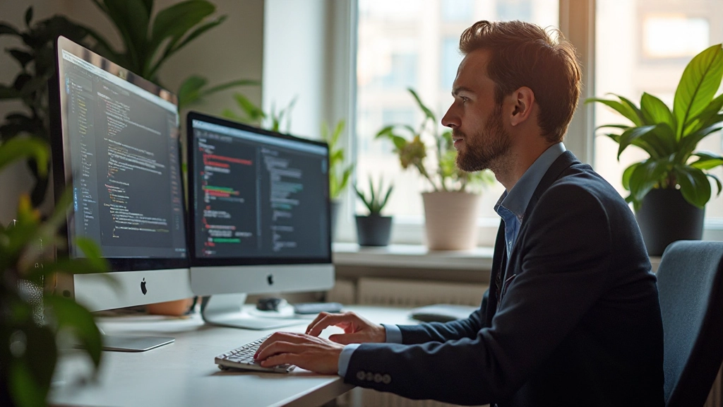 Ontwerper werkt aan een moderne website met Figma en code editor op de monitor