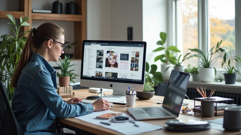 Modern web design werkstation met computer scherm en design tools zichtbaar